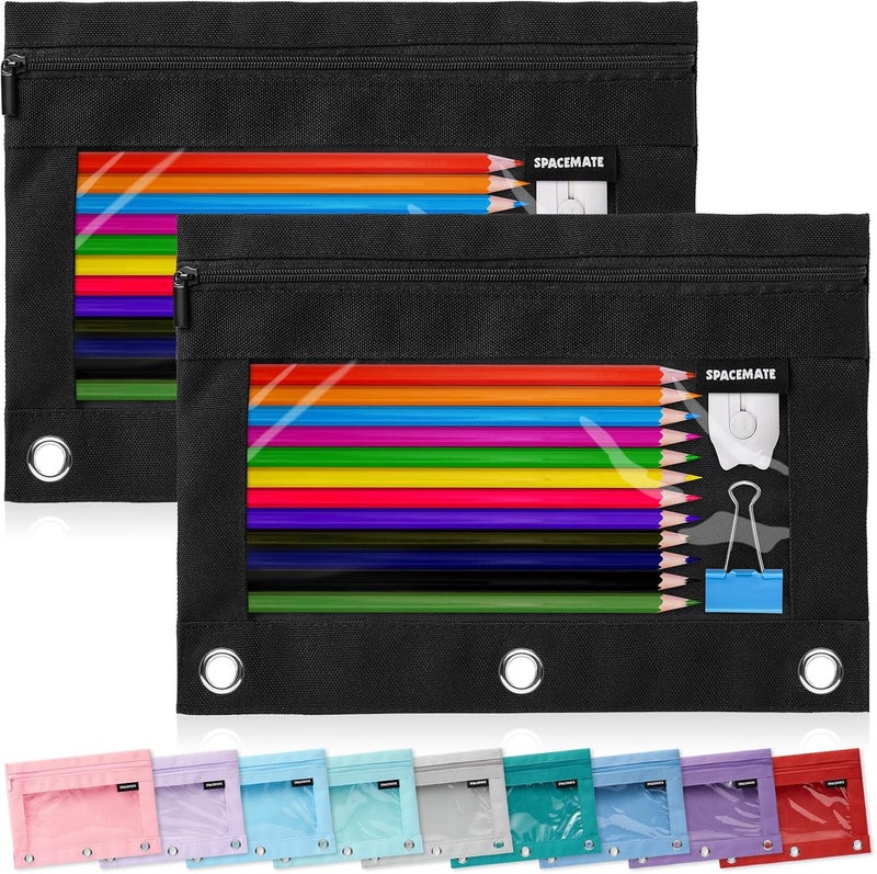 SPACEMATE 2 Pack Binder Pencil Pouch Case Box Bag for 3 Ring Binder School Supplies Girls Boys Kids, Clear Preppy Stuff Large Aesthetic Pen Organizer, Back to College Stationary, Coal Black - Image 1